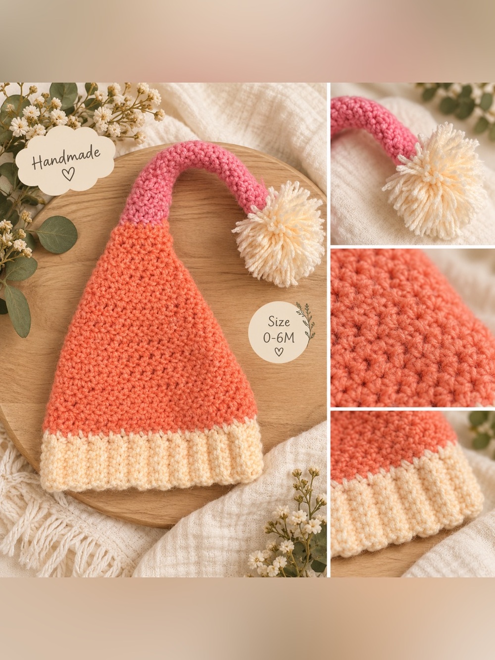 Handmade Baby Crochet Elf Hat 0–6M Peach Pink & Cream Pom Pom
